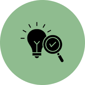 Light bulb symbol with magnifying glass and check mark on green background.
